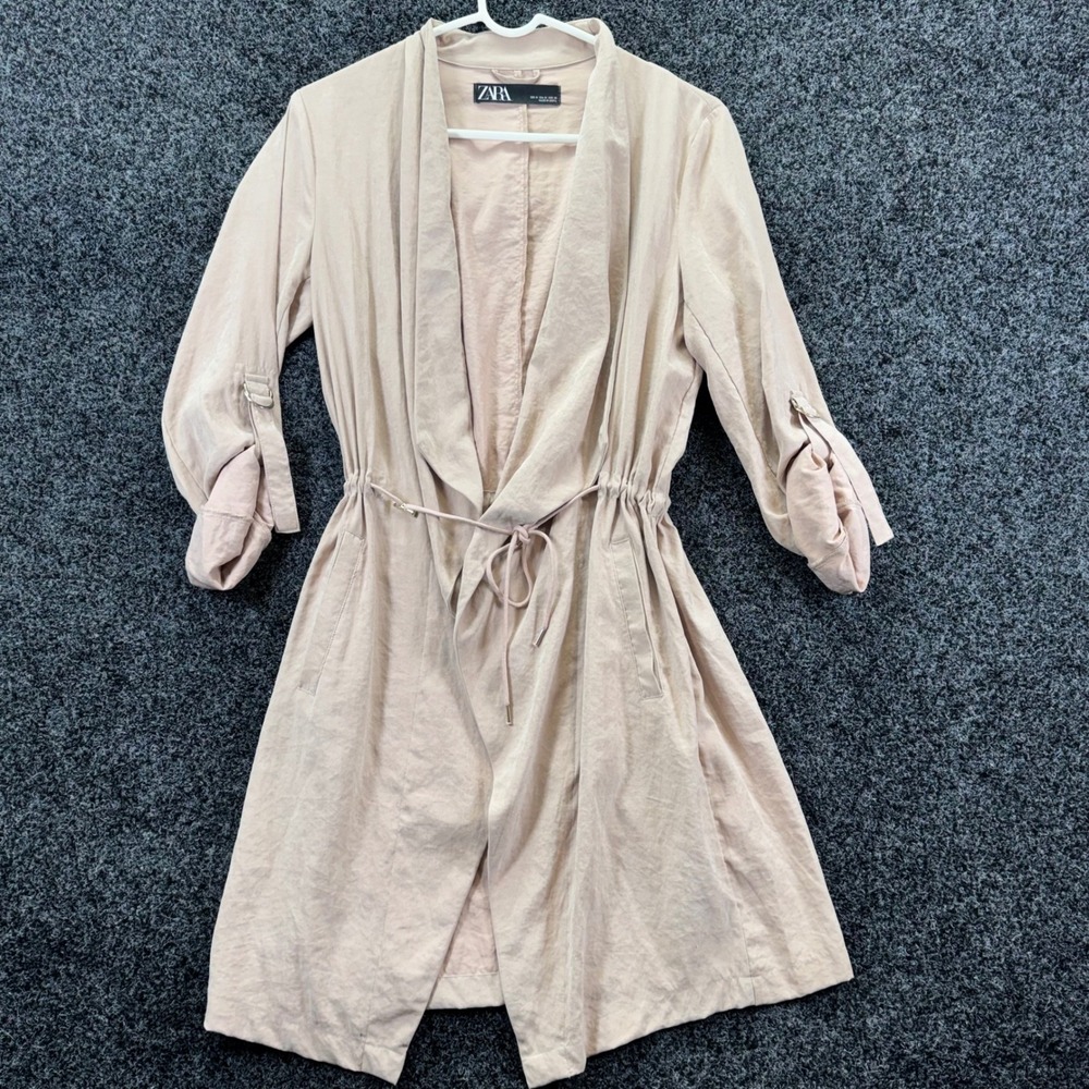 Zara Womens Blush Tan Drawstring Waist‎ Dress Roll Tab Sleeve Size Medium